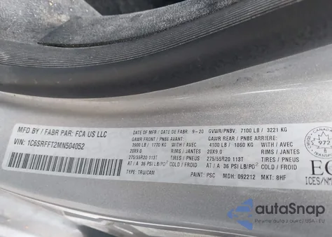 2021 Ram 1500 Big Horn из США, поврежденный, VIN 1C6SRFFT2MN504052